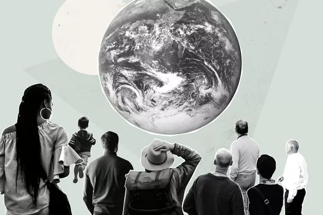 illustration som visar människor som tittar på jordklotet från håll